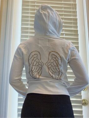 Victoria’s Secret Early 2010s White Rhinestone Angel Wing Zip-Up Hoodie